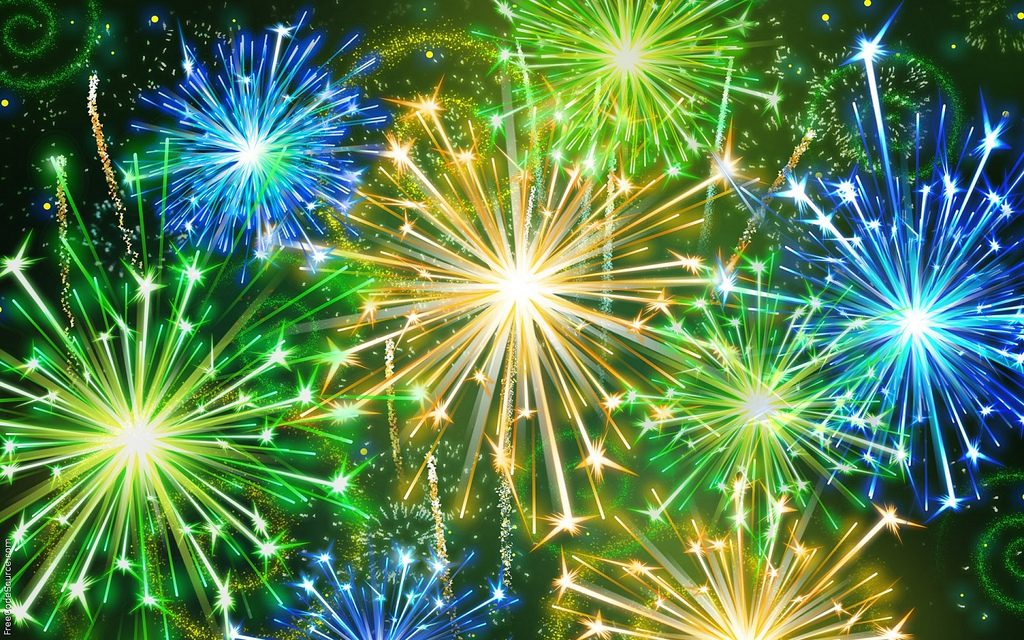 Blue, Green, and Yellow vivid Fireworks