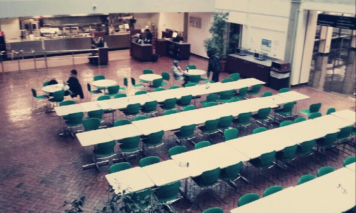 the atrium cafeteria as seen from the 3rd floor