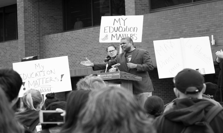 A speaker at the April 16 walkout outside Seattle Central,