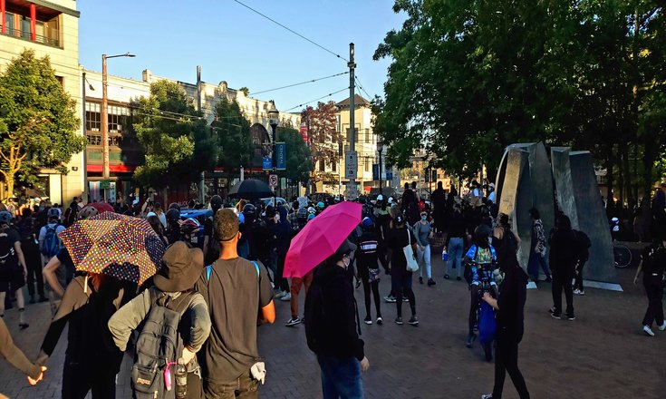 Protestors gather en masse on Seattle Central's South Plaza to protest police brutality