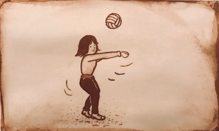 Passing the volleyball - cocoa powder & coffee painting