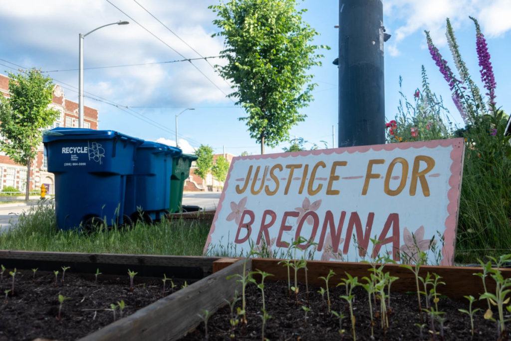  A “Justice For Breonna” sign sits propped up against a telephone pole in front of a residence in Seattle’s Central District, honoring the life of Breonna Taylor, who was shot and killed in her own home by police officers during a botched raid.