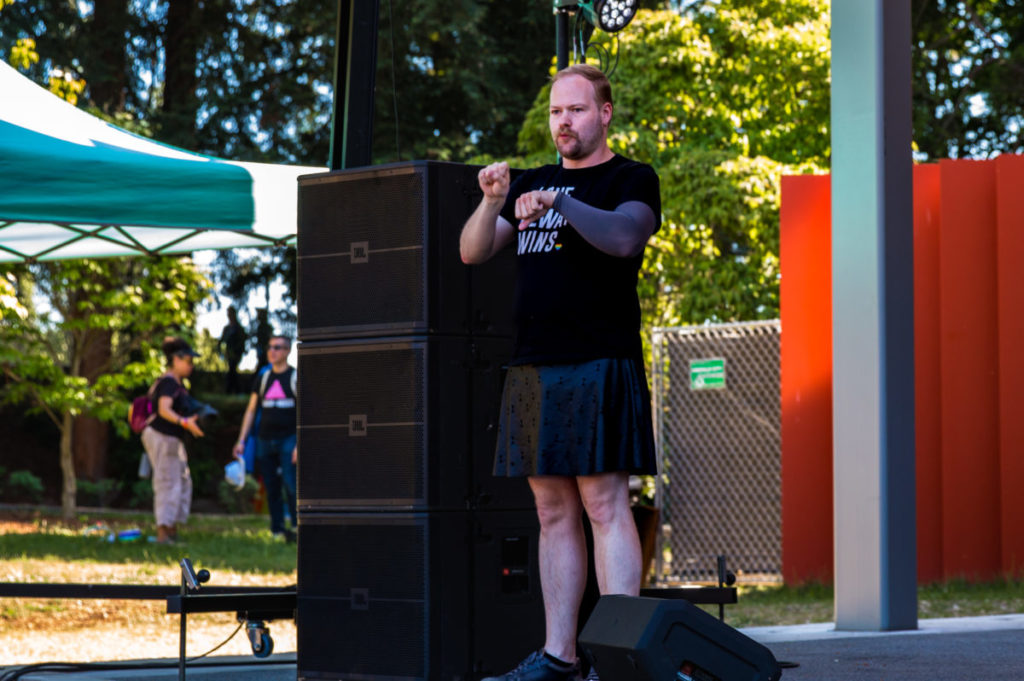 Seattle Pride ASL interpreters helping with accessibility.
