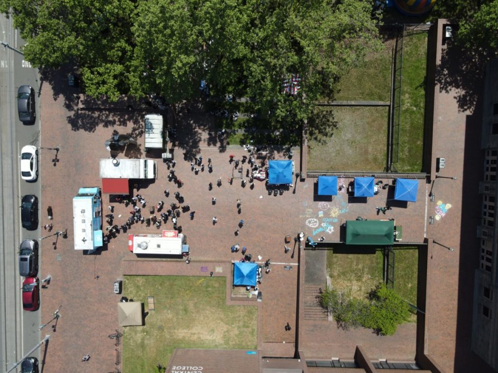 Looking down at the Unity Fair.