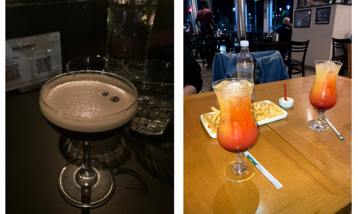 To the left, an espresso martini from Belmont Lounge, Seattle; to the right, cocktails at a local restaurant in Brazil.