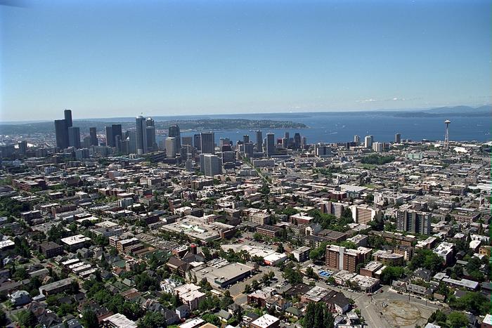 Downtown Seattle Skyline aerial from over University District in 1999.