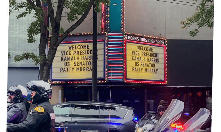 Kern’s Music Shop sign welcoming Harris and Murray in downtown Seattle.