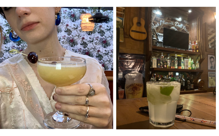 To the left, a Whiskey Sour in America, to the right, the same drink in Brazil.