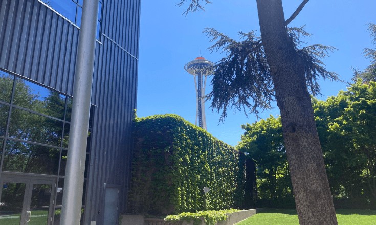 View of the Space Needle from the Seattle Opera, located by the Seattle Center.
