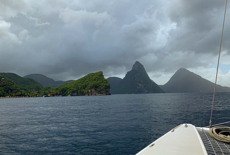 The Piton mountains amidst rain clouds in St. Lucia.