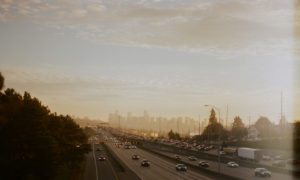 The Seattle freeway at sunset.